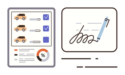 Cars listed with checkboxes, a pen signing a document, pie chart for data. Ideal for business, leasing, agreement, e-signature, contracts statistics remote deals. Simple flat metaphor