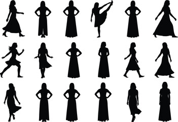 Silhouettes of women in dynamic poses, walking, dancing, kicking, flat vector, isolated, cad drawing