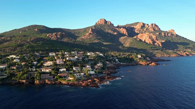 Massif de L'Esterel on the Mediterranean coast between Cannes and Saint-Raphael, featuring dramatic mountains, stunning coastline, and luxurious villas overlooking the sea