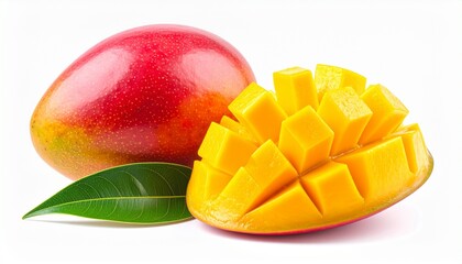 A whole mango alongside a sliced mango with its juicy on a white background, Generated with AI.