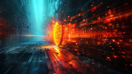 Digital shield symbolizing protection and security in an abstract tech driven environment