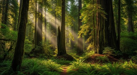 Fototapeta premium Redwood Forest Sunlight: Nature, Environment, Travel Destination