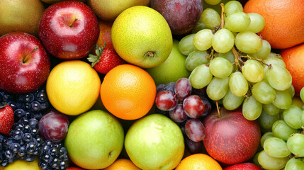 Fresh fruit assortment with red apple green apple orange grapes lemon pear strawberry and plum showcasing vibrant colors and natural textures in healthy mix