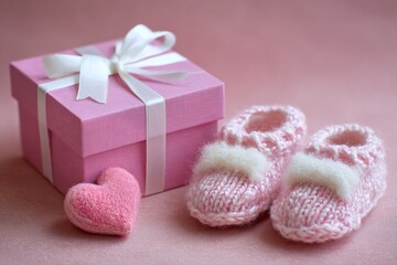 Soft Pink Baby Shoes and Heart Decoration Beside a Gift Box on a Light Background