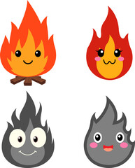 Collection of cartoon character flame and fire icon set illustration with campfire, flame, bonfire, heat symbols