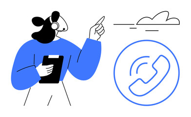 Female customer service agent in headset holding clipboard, pointing toward details with phone icon nearby. Ideal for communication, support, business, assistance, teamwork, guidance, simple flat