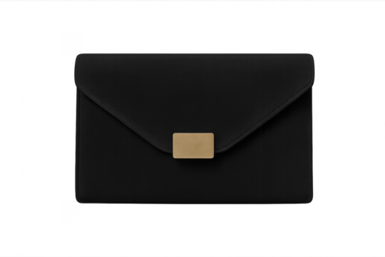 Black clutch bag with golden clasp on transparent background