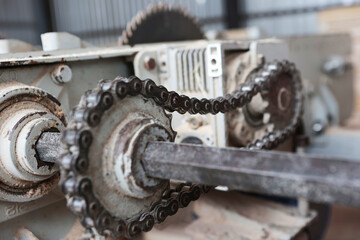 Metal parts of a woodworking machine. Concept of woodworking. Selective focus.