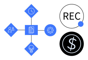 Centralized document icon connected to time, team, gear, and idea symbols. Includes recording and dollar signs. Ideal for workflow, collaboration, time management, process optimization creativity