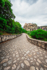 Fototapeta premium The monastery Meteora. Rocky monasteries complex in Greece near Kalabaka city. Monastery of the Holy Trinity