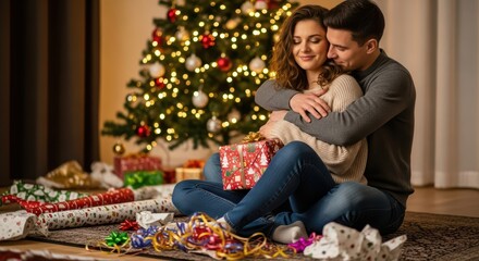 Young caucasian couple embracing by christmas tree with gifts and festive decorations