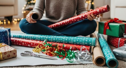 Caucasian female adult wrapping gifts at home during the holiday season
