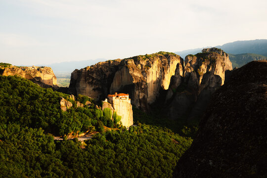 The monastery Meteora. Rocky monasteries complex in Greece near Kalabaka city. Monastery of the Holy Trinity - Powered by Adobe