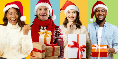 Four individuals are enjoying the spirit of the new year, wearing Santa hats and holding...