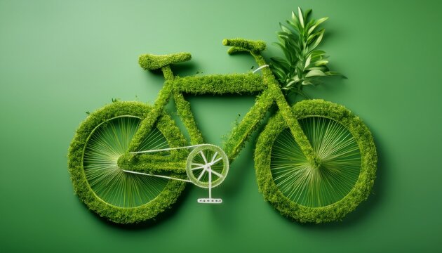 a bicycle shape made of green grass and plants against a green background symbolizing eco friendly transportation and creativity