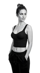 Fototapeta premium A photorealistic image of a confident British woman after breast augmentation surgery, wearing a black medical compression corset and sweatpants, in a clean white studio setting with soft lighting.