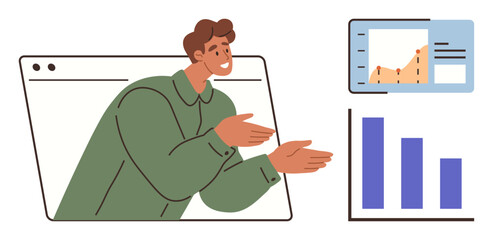 Person presenting analytics in browser window with bar chart and line graph. Ideal for business strategy, analytics, virtual teamwork, communication, education, growth, simple flat metaphor