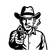 Cowboy Aiming Gun Vector Illustration | Western Outlaw with Cigar Silhouette