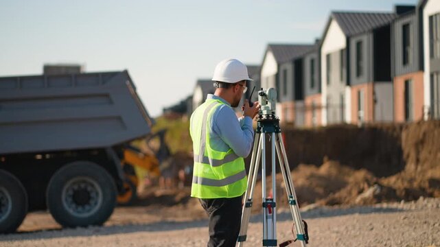 Surveyor engineer using theodolite total station at construction site