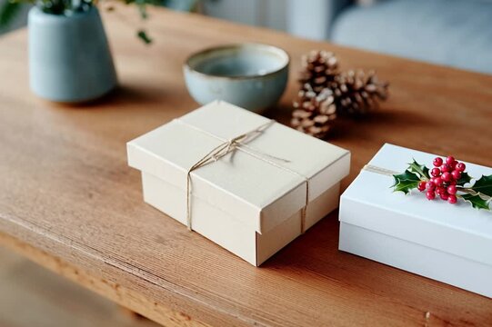 Christmas gift boxes with holly berry decoration