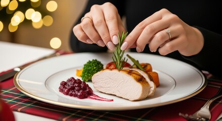 Female preparing festive dinner with roast chicken, vegetables, and cranberry sauce