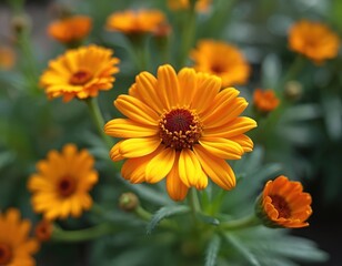 Obraz premium Close-up of bright orange Calendula officinalis blossoms in natural garden setting. Pot marigold, common marigold, Mary gold flowers. Bright yellow petals, green leaves, blurred background.