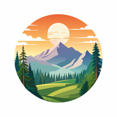 Magnifique coucher de soleil au dessus de la montagne, vall&eacute;e verdoyante, sapins, couleur orang&eacute;e, bouff&eacute;e d'air pur et plaisir des yeux