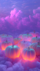 Glowing Pastel Pumpkins Floating in a Dreamy Purple Cloudscape
