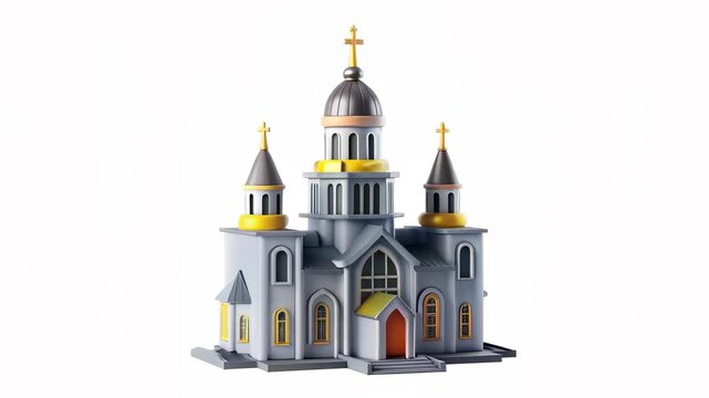 A colorful 3D model of a church with distinct dome shapes and decorative elements.