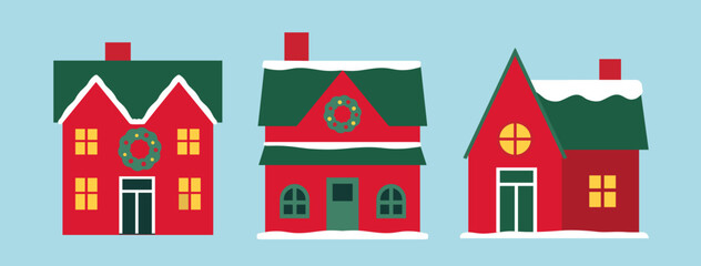 Set of Christmas house flat vector illustration.
Red and green Winter holiday houses clipart.