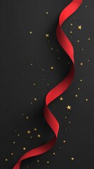 Decorative Red Ribbon With Gold Stars on a Black Background for Festive Celebrations