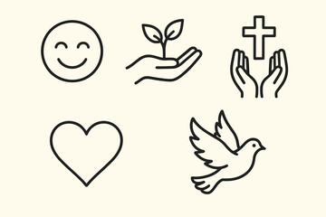 Obraz premium Faith and love line icons — peace, happiness, growth, spirituality and hope symbols