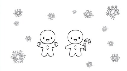 Two cute gingerbread characters surrounded by snowflakes on a white background