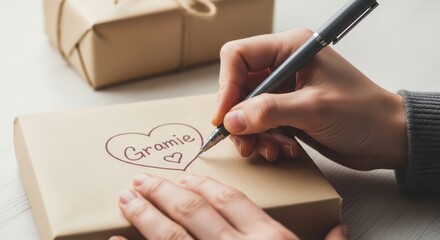 Hands writing on gift box for grandma with heart design