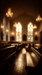 Peaceful Interior of a Historic Church With Stained Glass Windows and Warm Lighting