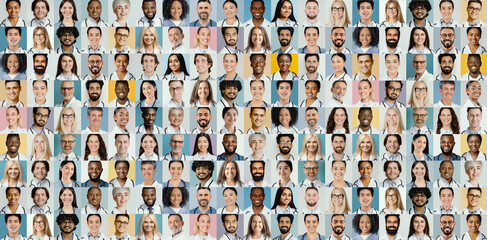 Fototapeta premium This collage features a diverse group of medical professionals, including doctors and nurses, smiling and wearing scrubs with stethoscopes.