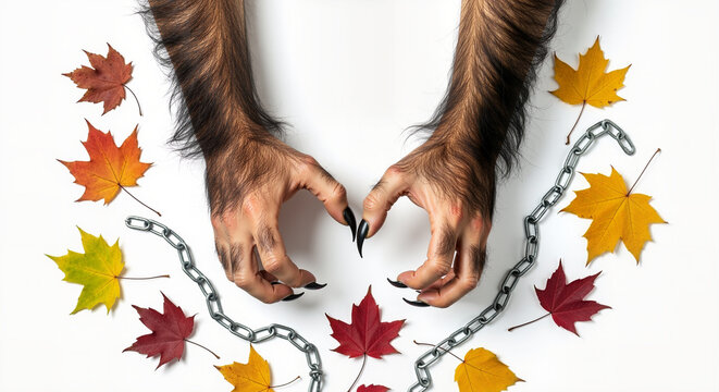 Spooky werewolf hands with long black nails and autumn leaves creating a Halloween heart shape, perfect for seasonal designs and festive projects during fall