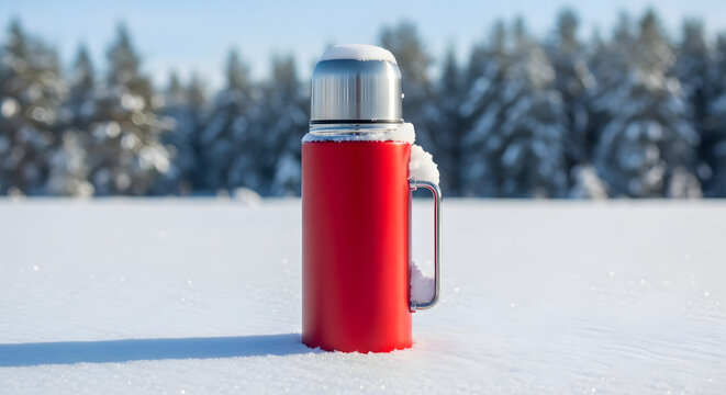 Red thermos bottle covered in snow, standing on a winter landscape, surrounded by frosty trees, showcasing outdoor adventure and warmth in cold weather conditions - Powered by Adobe