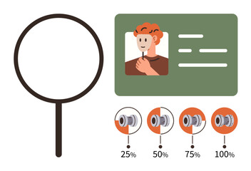 Magnifying glass near ID card featuring profile photo and data with a diagram showing completion stages. Ideal for security, verification, UXUI, research, progress, identification, simple flat