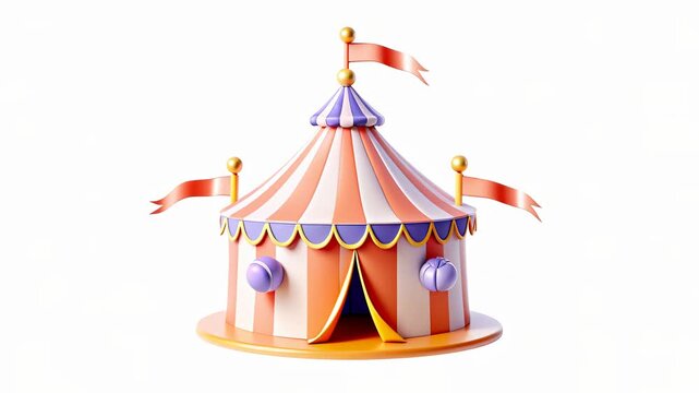 A colorful circus tent with decorative stripes and flags on top, featuring round shapes and a vibrant design.
