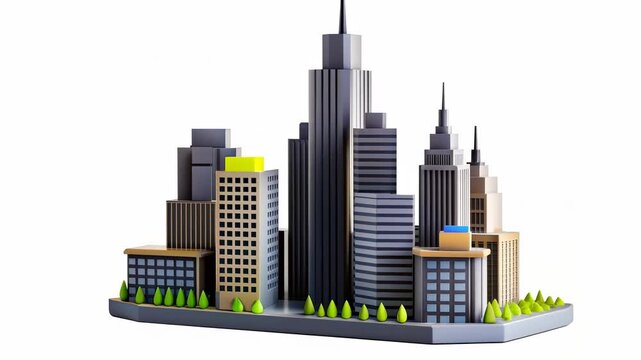 A 3D animated city skyline featuring skyscrapers with green trees in the foreground.