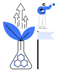 Leaf sprouting in a lab flask with molecular pattern, upward arrows, man with globe near flag. Ideal for sustainability, innovation, growth, research, ecology science future. Simple flat metaphor