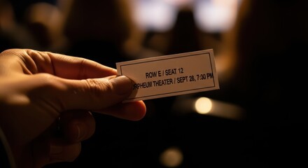 Hand holding theater ticket in dimly lit auditorium