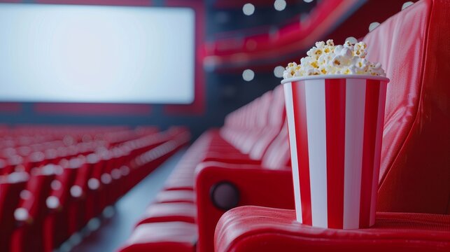 3d illustration of a red cinema chair with drink and popcorn box on a white background - Powered by Adobe