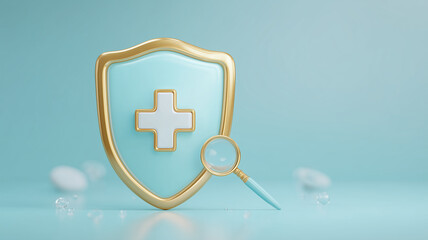 Obraz premium Medical shield with cross and magnifying glass illustrating health insurance evaluation and patient safety audit, representing coverage verification, policy comparison