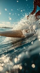 Surfing Action at Sunset Near the Shore With Splashing Waves and Clear Blue Skies