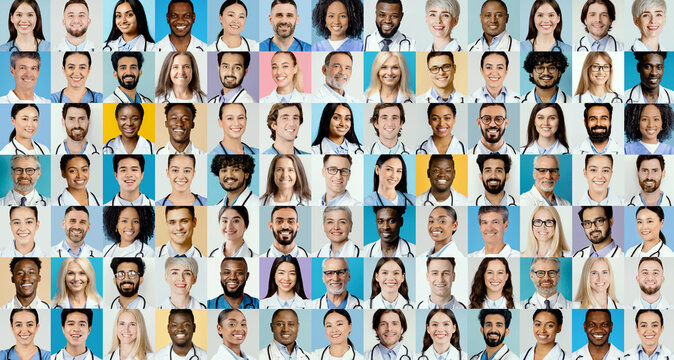 This collage features a diverse group of health professionals from various backgrounds. They are seen smiling and engaged, representing teamwork and unity in healthcare.