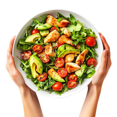 Hands of a woman grasping a salad bowl with tomatoes, chicken, and avocado, isolated against a transparent background