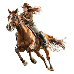 girl in a cowboy hat on a horse in motion without background isolated