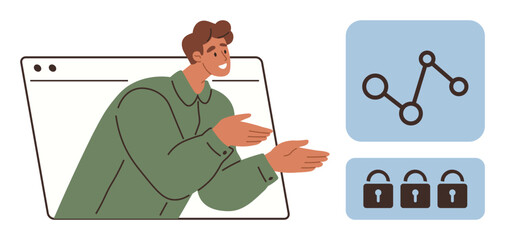 Man emerging from browser window gesturing, next to chart and lock icons. Ideal for data security, online communication, web analytics, information privacy, presentations, remote working, modern